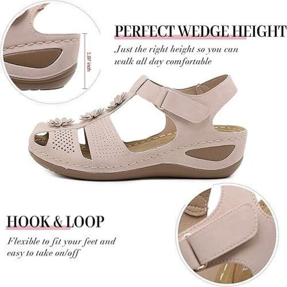 Pink Floral Perforated Wedge Sandals Women’s Size 6 Hook & Loop Comfort Shoes - Picture 5 of 8